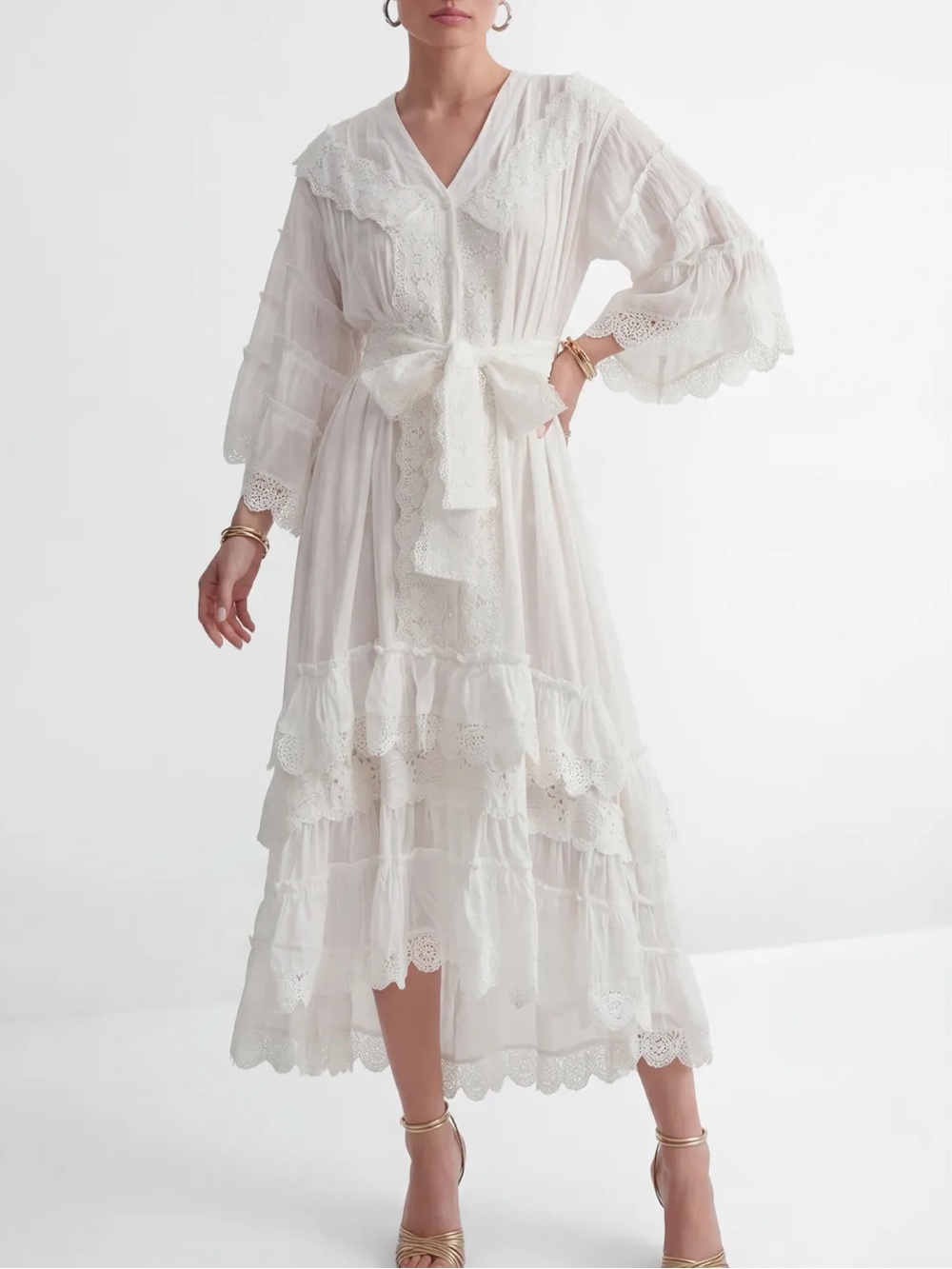 White V-Neck Ruffled Sleeve Dress